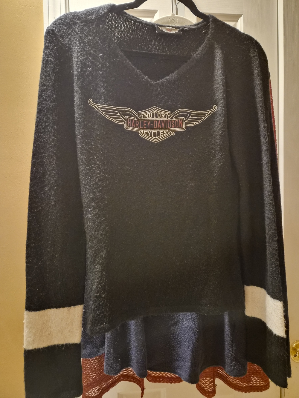 Harley-Davidson Black V-Neck Sweater with Navy & Cream Accents